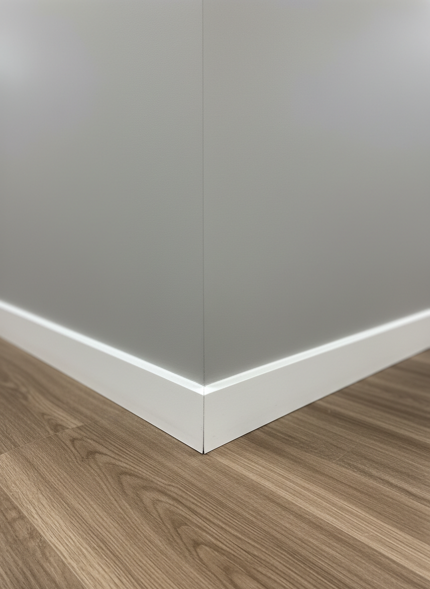 A detailed close-up of an expertly finished drywall corner in an upscale corporate interior, showing perfectly smooth joint compound, invisible seams, and crisp 90-degree edges leading down to a flawless white baseboard. The painted wall in soft, professional gray has a uniform, satin finish with no roller marks or imperfections. The vinyl floor below displays realistic wood grain texture and tight, aligned planks. Soft diffused office lighting from above casts gentle, linear shadows that emphasize the precision and craftsmanship. Photographic realism, shallow depth of field with the corner in sharp focus and the corridor fading softly into the background. The mood is meticulous and technical, highlighting engineering-level quality control in civil construction finishes.