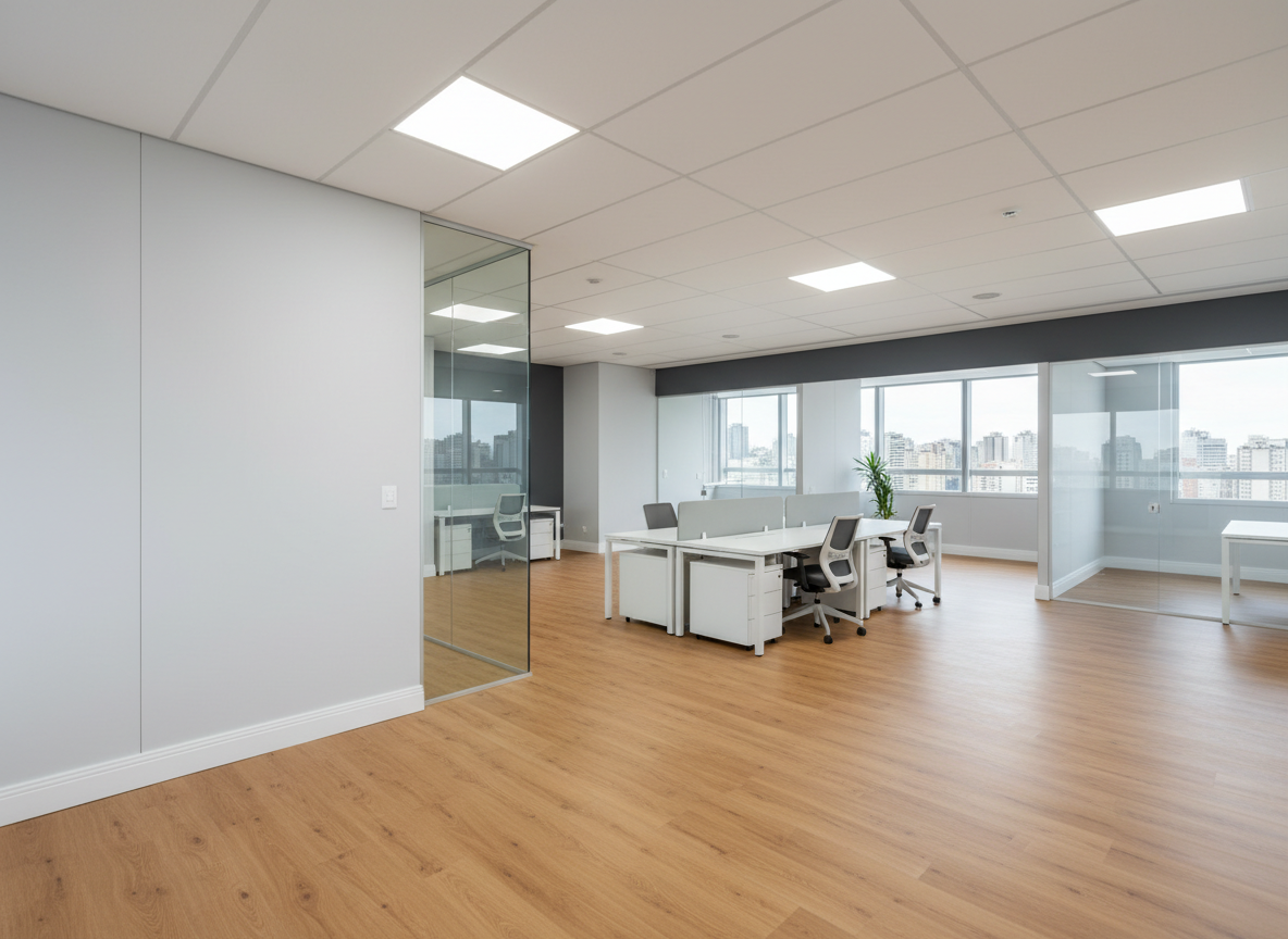 A modern corporate office floor in São Paulo freshly renovated, featuring seamless vinyl plank flooring in a warm oak tone, pristine white drywall partitions with perfectly aligned joints, and crisp, laser-straight professional paint in light gray with a darker accent wall. Clean white baseboards define every edge with sharp, engineered precision. Glass doors reflect subtle cityscape hints in the background. Natural daylight filters through large windows, complemented by neutral recessed ceiling lighting, creating balanced, shadow-free illumination. Photographic realism, eye-level perspective with sharp focus throughout, capturing the clean lines, quality finishes, and organized layout. The atmosphere is professional, organized, and high-end, communicating trust and technical excellence in corporate renovations.