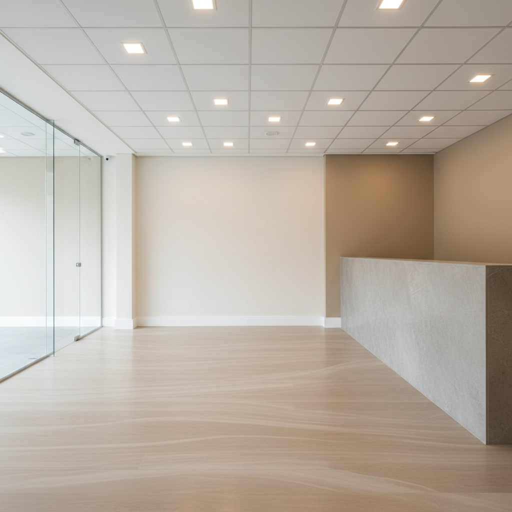 A refined corporate reception area in Praia Grande after a complete reform, featuring coastal-inspired vinyl flooring in light sand tones, smooth drywall ceiling with recessed spotlights, and walls painted in a sophisticated palette of white and soft beige. A long, minimalist reception counter with stone-like finish sits on the right, while clean white baseboards and perfectly aligned corners frame the space. Natural light from a large glass façade blends with warm artificial lighting, creating gentle reflections on the floor. Photographic realism, slightly elevated angle, sharp focus emphasizing symmetry, clean lines, and surfaces. The mood is welcoming, professional, and contemporary, reflecting high-standard corporate finishing services tailored to coastal businesses.