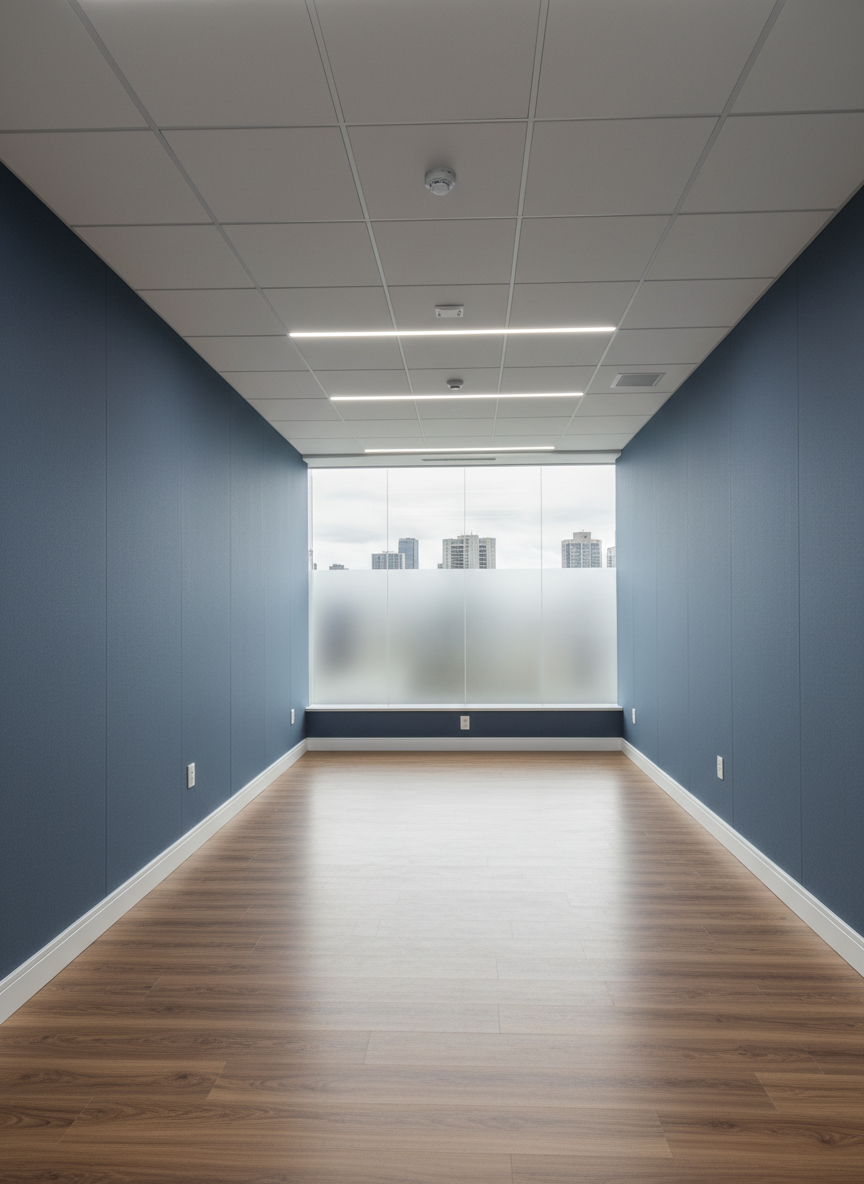 A conference room renovation showcase in São Paulo, featuring acoustic drywall walls in a deep, elegant blue-gray, contrasted by pure white ceilings with recessed LED strips and discreet spotlights. The floor is covered with high-quality, wood-look vinyl planks in a medium walnut tone, running lengthwise to elongate the space. Minimalist white baseboards run perfectly straight along the perimeter. A large glass panel at the far end hints at the city skyline, softly defocused. Balanced artificial lighting creates controlled highlights on painted surfaces and subtle reflections on the floor. Photographic realism, eye-level composition with rule-of-thirds framing, conveying a sophisticated, corporate, and technologically advanced meeting environment created through precise finishing work.
