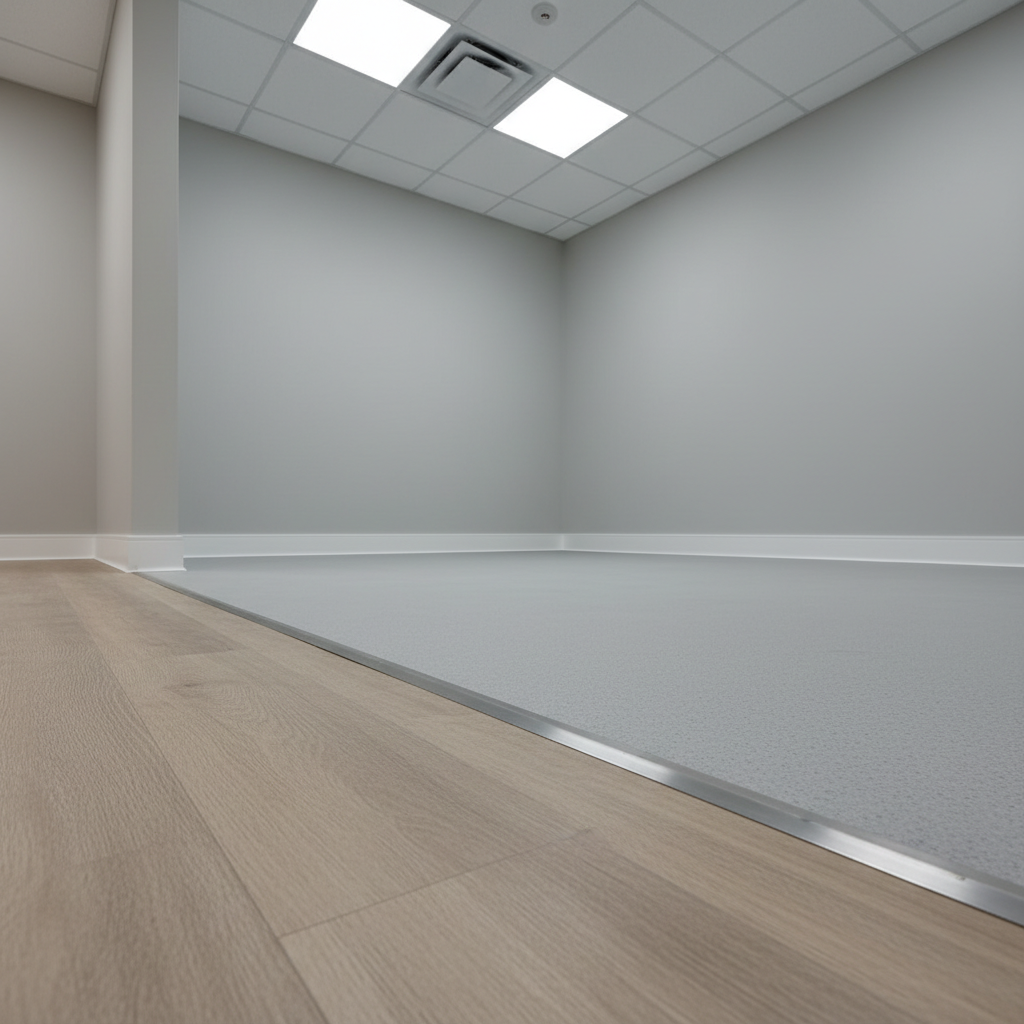 A technical detail shot of a small corporate service room featuring carefully executed civil construction finishes: a perfectly aligned vinyl floor transition between corridor and room, cleanly sealed baseboards with no visible gaps, and a neatly finished drywall ceiling access panel. The walls are painted in a durable, washable light gray, with even coverage and razor-sharp paint cuts along edges. Cool neutral LED lighting from above casts soft, controlled shadows that highlight the precision of every junction. Photographic realism, low-angle perspective focusing on the floor–wall intersection, with strong linear elements leading the eye through the frame. The atmosphere is highly professional and technical, emphasizing the importance of hidden but critical finishing quality in corporate reforms.