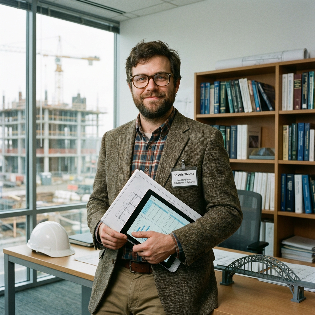 Dr. Aris Thorne, Lead Engineer, Structures & Systems, holding blueprints and a tablet.