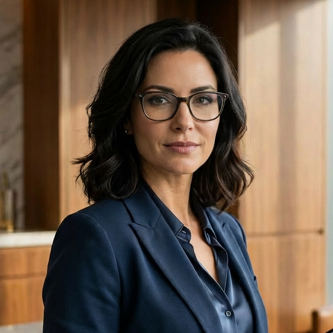 Architect holding a tablet with floor plans in a modern wood-paneled office.