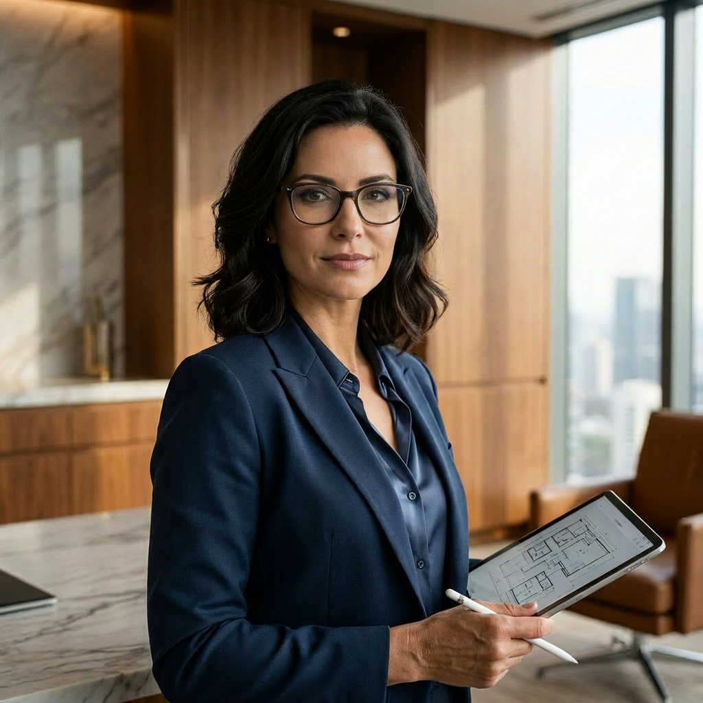 Architect holding a tablet with floor plans in a modern wood-paneled office.